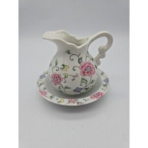 VTG Inarco Porcelain Floral Pitcher & Wash Basin Set Decorative Accent